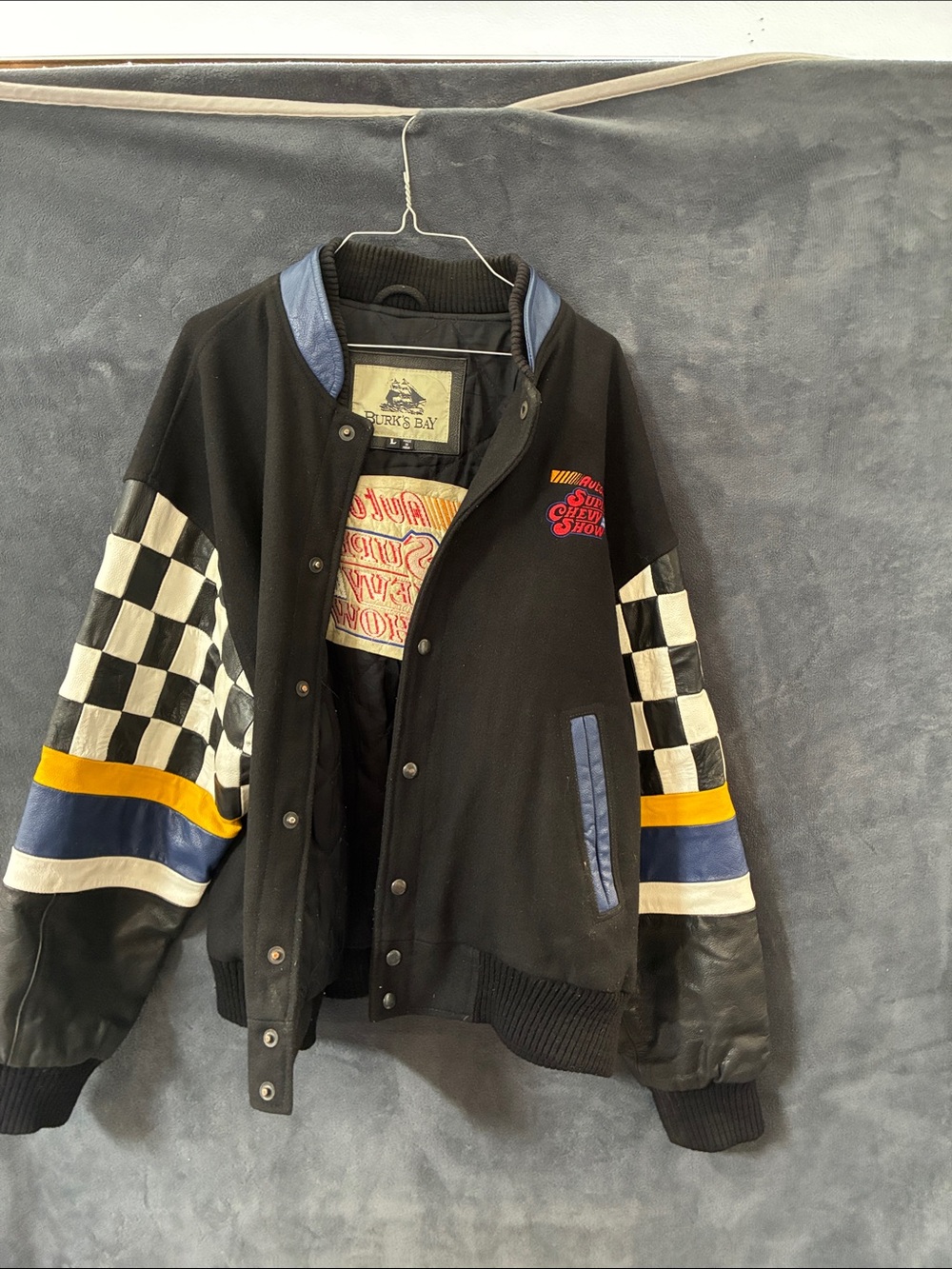 Burks Bay Autozone Super Chevy Show Racing Varsity Jacket with Checkered Sleeves